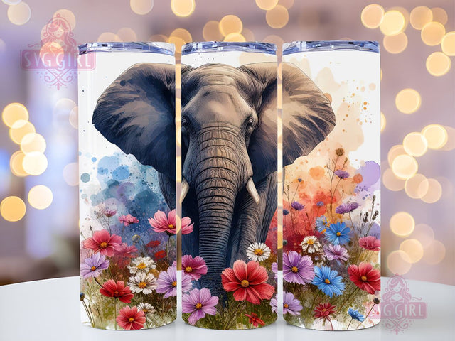Elephant and flower 20 oz skinny tumbler sublimation design, Boho Watercolor Floral animal digital PNG Straight wrap Waterslide download Sublimation SvggirlplusArt 