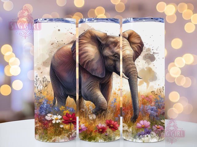 Elephant and flower 20 oz skinny tumbler sublimation design, Boho Watercolor Floral animal digital PNG Straight wrap Waterslide download Sublimation SvggirlplusArt 