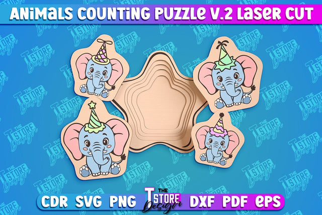 Elephant Counting Puzzle Laser Cut | Baby Game Design | Animals Design v.2 SVG The T Store Design 