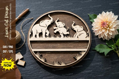 Elephant Family Round Frame SVG Laser Cut Design | Wildlife Scene Pattern SVG Regulrcrative 