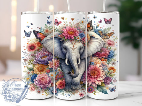 Elephant Floral 20oz Tumbler Sublimation Wrap, Floral Straight and Tapered Tumbler Wrap, High Resolution PNG, Instant Download, 300 DPI Sublimation ToriDesigns 