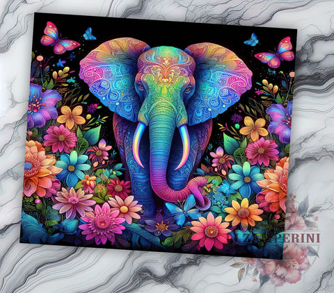 Elephant Floral 20oz Tumbler Wrap PNG, Colorful Neon Elephant Tumbler PNG Sublimation Design, Straight & Tapered Tumbler Wrap, Instant Digital Download Sublimation Li Zamperini 
