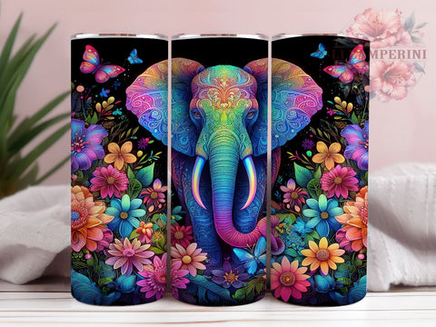 Elephant Floral 20oz Tumbler Wrap PNG, Colorful Neon Elephant Tumbler PNG Sublimation Design, Straight & Tapered Tumbler Wrap, Instant Digital Download Sublimation Li Zamperini 