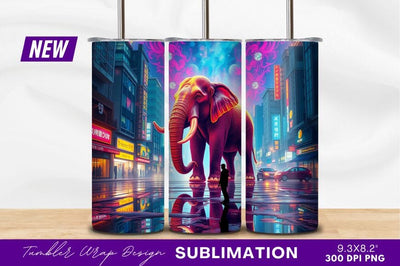 Elephant In Cyberpunk City Rainy Street Tumbler Png Sublimation Regulrcrative 