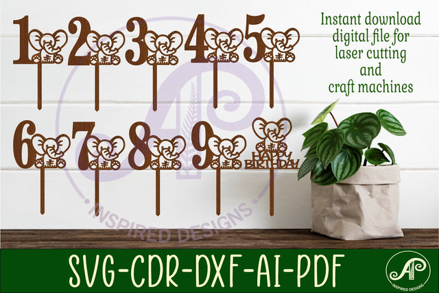 Elephant number cake toppers, 10 designs SVG laser cut SVG APInspireddesigns 
