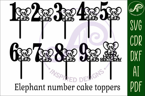 Elephant number cake toppers, 10 designs SVG laser cut SVG APInspireddesigns 