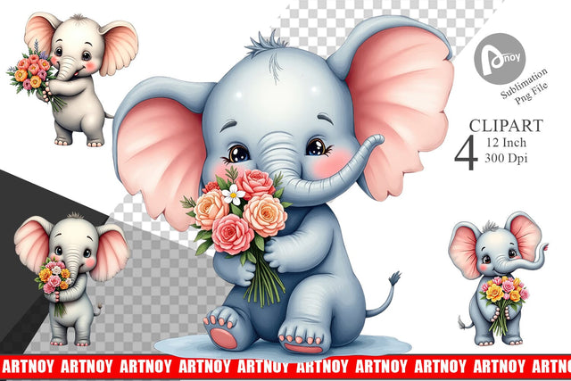 Elephant Spring Bouquet Clipart Sublimation artnoy 