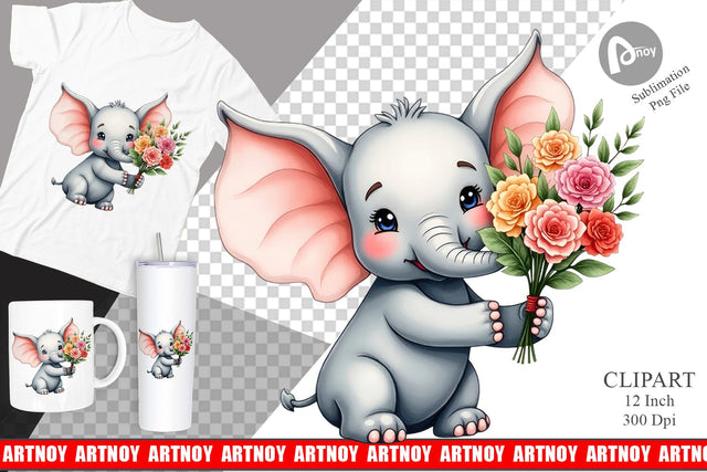Elephant Spring Bouquet Clipart Sublimation artnoy 
