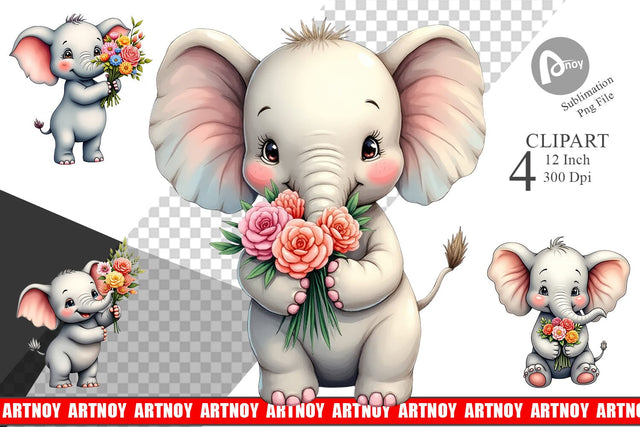 Elephant Spring Bouquet Clipart Sublimation artnoy 