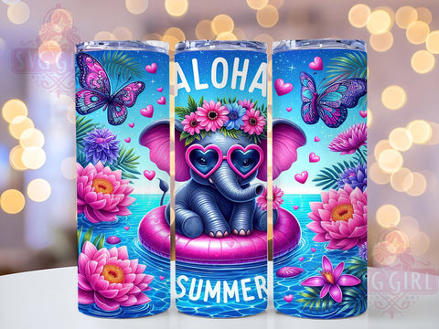 Elephant Tumbler Wrap, Aloha Summer, Sublimation PNG, Summer Decor, Tropical Design, Digital Download, 20oz Skinny Tumbler Sublimation SvggirlplusArt 