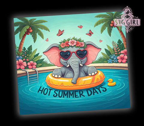 Elephant Tumbler Wrap, Hot Summer Days, Sublimation PNG, Summer Decor, Tropical Design, Digital Download, Cute Elephant Design Sublimation SvggirlplusArt 