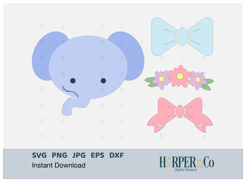 Elephant with Bows and Flowers SVG PNG Cut EPS File SVG HarperNCo 