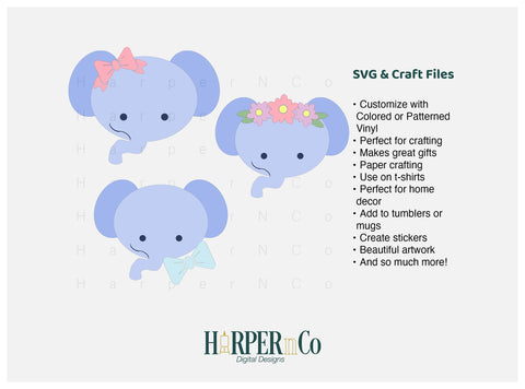 Elephant with Bows and Flowers SVG PNG Cut EPS File SVG HarperNCo 