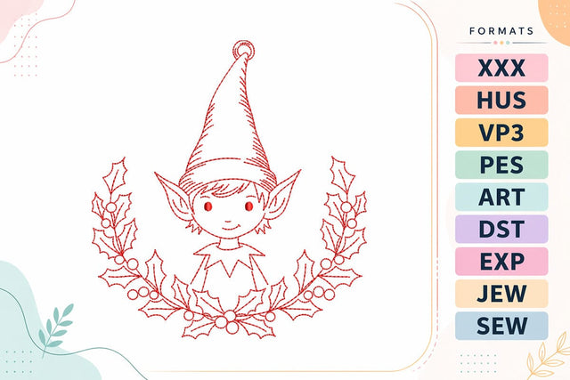 Elf with Holly Wreath Line Art Christmas Embroidery Design Embroidery/Applique DESIGNS sg embroidery 