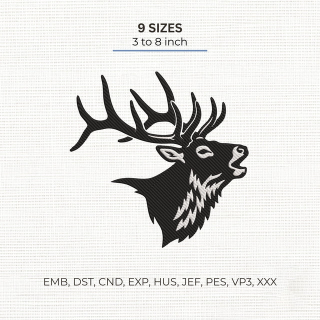 Elk Head Embroidery Design – Bull Elk Antlers Wildlife Hunting Silhouette Machine Embroidery File Embroidery/Applique DESIGNS PatternFeed8 