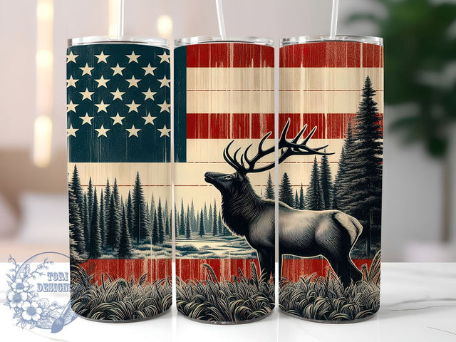 Elk Hunting 20oz Skinny Tumbler, Deer American Flag Tumbler Png, Straight & Tapered Tumbler Wrap, Instant Digital Download Sublimation ToriDesigns 