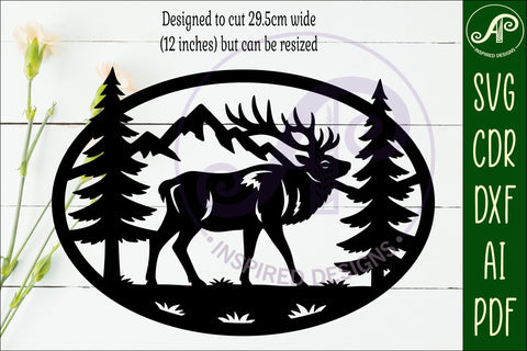 Elk mountain scene Oval wall sign laser cut file SVG APInspireddesigns 
