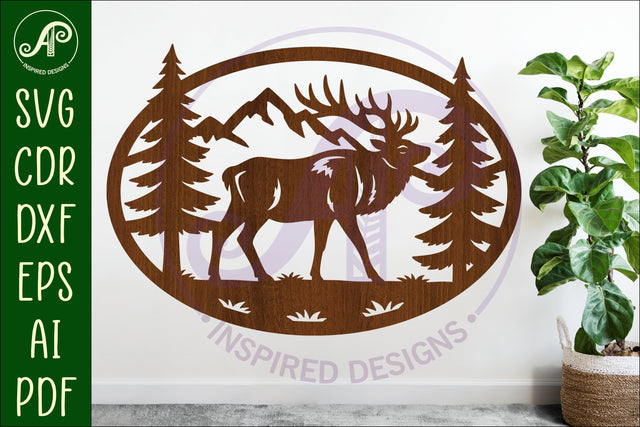 Elk mountain scene Oval wall sign laser cut file SVG APInspireddesigns 