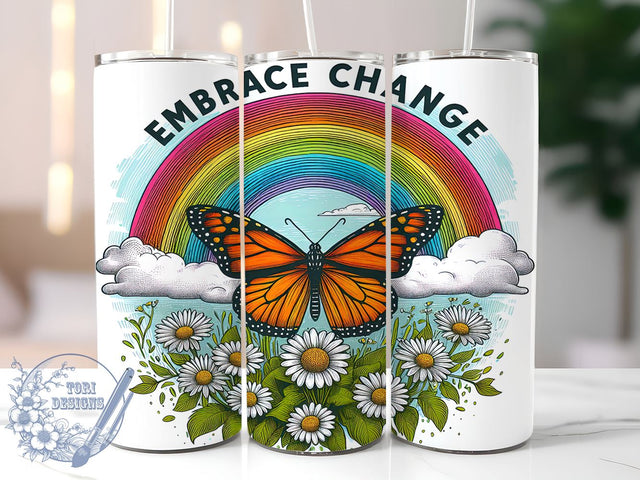 Embrace Change Floral Butterfly Rainbow 20oz Skinny Tumbler, Inspiration Tumbler Png, Straight & Tapered Tumbler Wrap, Instant Digital Download Sublimation ToriDesigns 