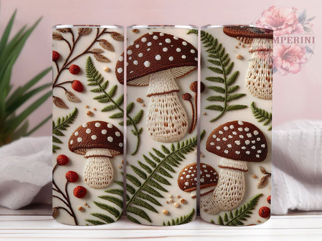 Embroidered Autumn Mushroom Tumbler Wrap, Autumn Forest Wrap, 20Oz Sublimation Design, Boho Embroidery Cup, Woodland Mushroom Drinkware, Rustic Fall Tumbler, Nature Inspired Wrap Sublimation Li Zamperini 