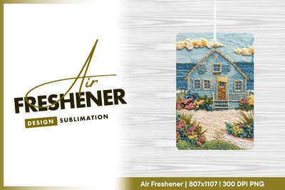 Embroidered Blue Beach House with Flowers and Sea Illustration Sublimation Regulrcrative 