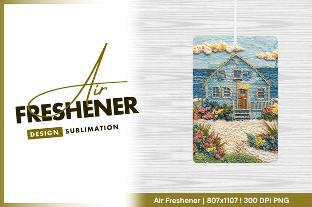 Embroidered Blue Beach House with Flowers and Sea Illustration Sublimation Regulrcrative 