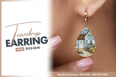 Embroidered Blue Cottage with Flowers and a Brown Roof on a Cloudy Sky Sublimation Regulrcrative 