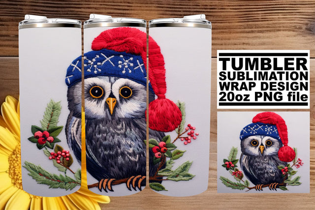 Embroidered Christmas Owl Design 20oz Tumbler Wrap Sublimation afrosvg 
