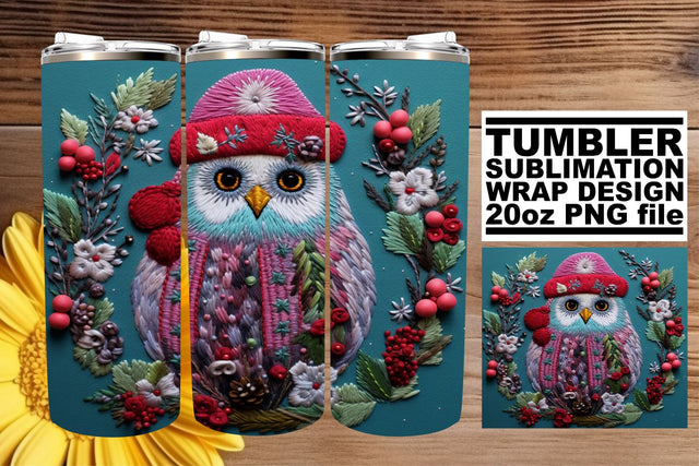 Embroidered Christmas Owl Tumbler Wrap Winter Design Sublimation afrosvg 