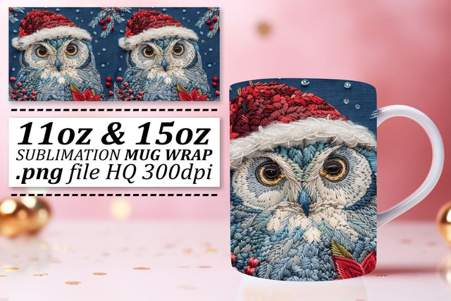 Embroidered Christmas Owl Wrap 11oz 15oz Holiday Mug Sublimation afrosvg 