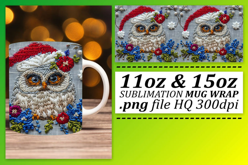 Embroidered Christmas Owl Wrap 11oz 15oz Mug Design Sublimation afrosvg 