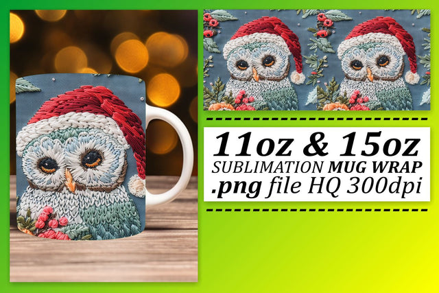 Embroidered Christmas Owl Wrap 11oz 15oz Mug Holiday Sublimation afrosvg 