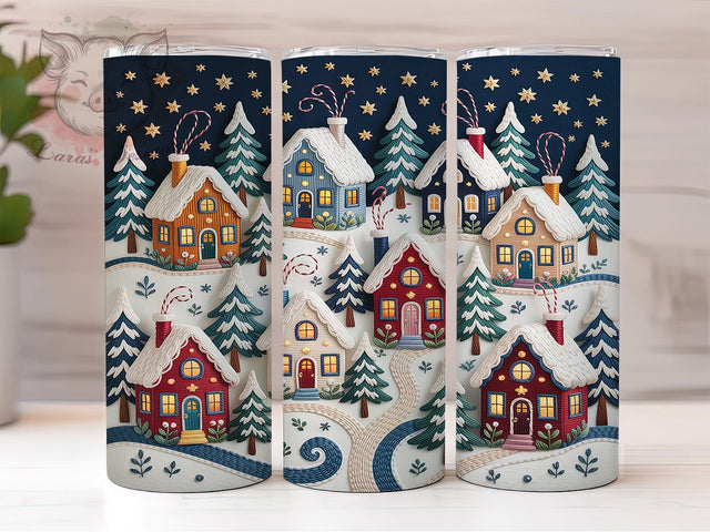 Embroidered Christmas Village Tumbler, Christmas Village, Holiday Wrap, Festive Tumbler, Cozy Pattern, 20oz Tumbler, Sublimation Print Sublimation Lara' s Designs 