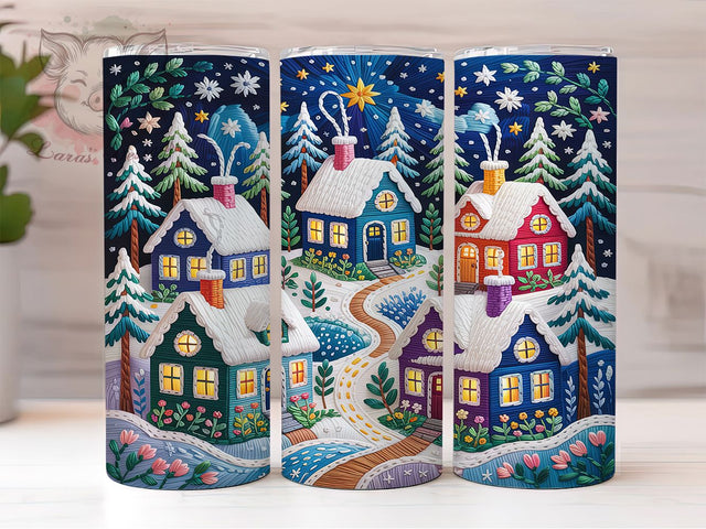 Embroidered Christmas Village Tumbler, Christmas Village, Holiday Wrap, Festive Tumbler, Cozy Pattern, 20oz Tumbler, Sublimation Print Sublimation Lara' s Designs 