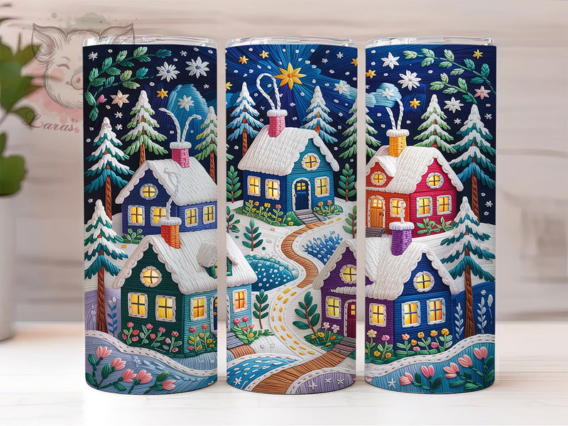 Embroidered Christmas Village Tumbler, Christmas Village, Holiday Wrap, Festive Tumbler, Cozy Pattern, 20oz Tumbler, Sublimation Print Sublimation Lara' s Designs 