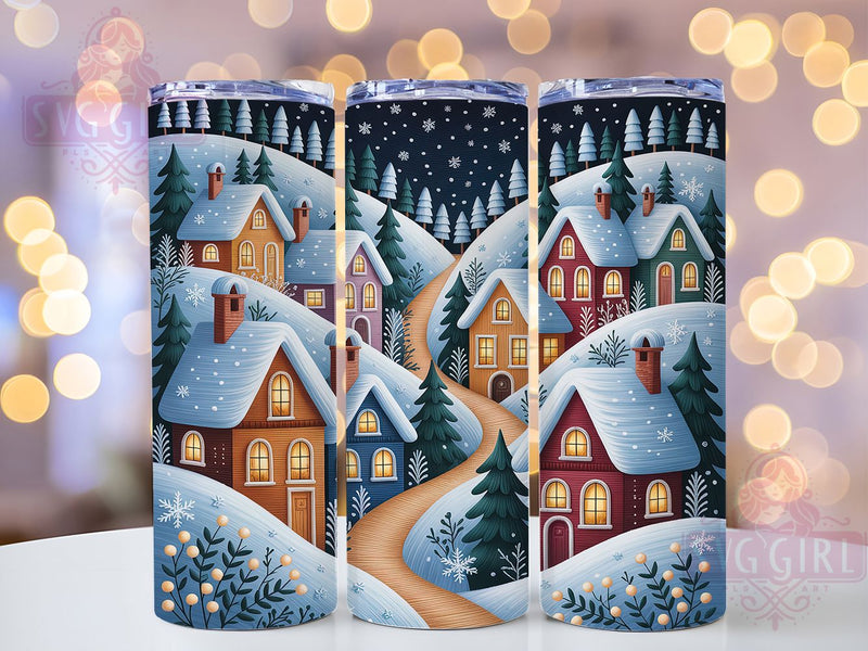 Embroidered Christmas Village Tumbler, Embroidery Style Wrap, Holiday Sublimation Design, Winter Scene Cup Wrap, 20Oz Skinny Tumbler Wrap, Festive Village Mug, Cozy Christmas Design Sublimation SvggirlplusArt 
