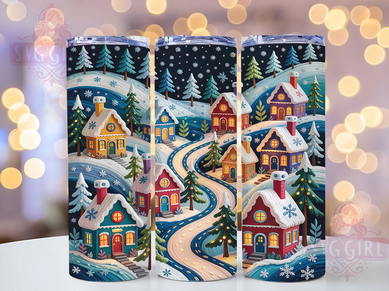 Embroidered Christmas Village Tumbler, Embroidery Style Wrap, Holiday Sublimation Design, Winter Scene Cup Wrap, 20Oz Skinny Tumbler Wrap, Festive Village Mug, Cozy Christmas Design Sublimation SvggirlplusArt 