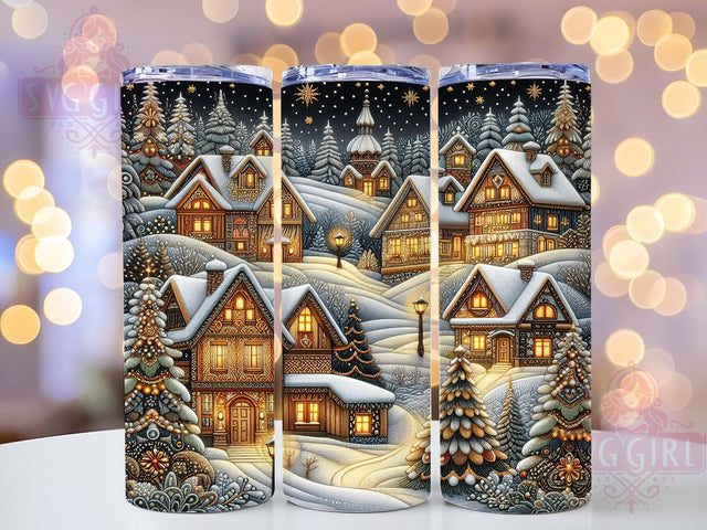 Embroidered Christmas Village Tumbler, Embroidery Style Wrap, Holiday Sublimation Design, Winter Scene Cup Wrap, 20Oz Skinny Tumbler Wrap, Festive Village Mug, Cozy Christmas Design Sublimation SvggirlplusArt 