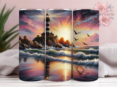 Embroidered Coastal Lighthouse Tumbler, Sea Theme, Nautical Art, Sublimation Art, 20oz Tumbler, Elegant Wrap, Coastal Design Sublimation Li Zamperini 