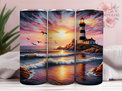 Embroidered Coastal Lighthouse Tumbler, Sea Theme, Nautical Art, Sublimation Art, 20oz Tumbler, Elegant Wrap, Coastal Design Sublimation Li Zamperini 
