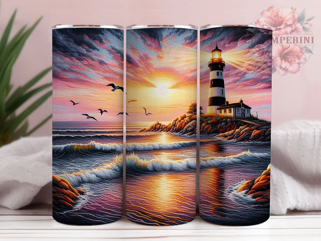 Embroidered Coastal Lighthouse Tumbler, Sea Theme, Nautical Art, Sublimation Art, 20oz Tumbler, Elegant Wrap, Coastal Design Sublimation Li Zamperini 