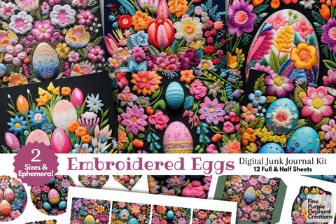 Embroidered Easter Basket Eggs Digital Junk Journal Kit Half Pages Digital Pattern Fine Purple Elephant Creations 