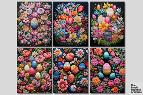 Embroidered Easter Basket Eggs Digital Junk Journal Kit Half Pages Digital Pattern Fine Purple Elephant Creations 