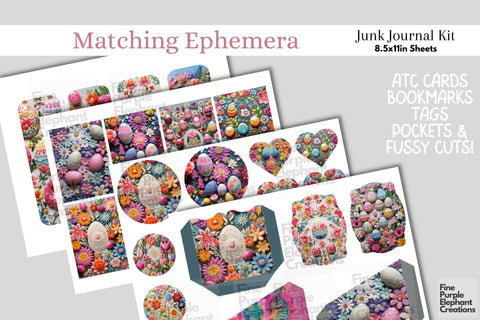 Embroidered Easter Eggs Digital Junk Journal Kit Half Pages | Cute Pastel Spring Digital Pattern Fine Purple Elephant Creations 