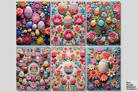 Embroidered Easter Eggs Digital Junk Journal Kit Half Pages | Cute Pastel Spring Digital Pattern Fine Purple Elephant Creations 