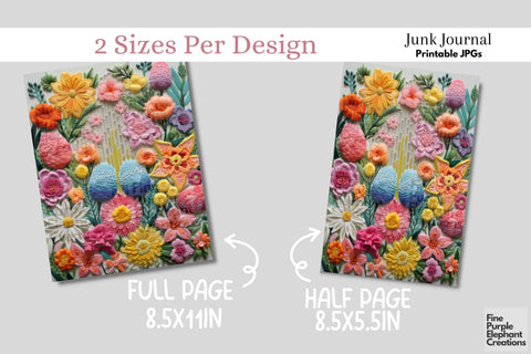 Embroidered Easter Eggs Digital Junk Journal Kit Half Pages | Cute Pastel Spring Digital Pattern Fine Purple Elephant Creations 