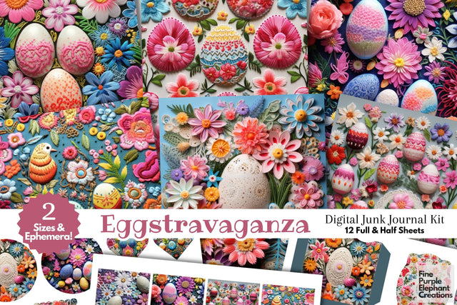 Embroidered Easter Eggs Digital Junk Journal Kit Half Pages | Cute Pastel Spring Digital Pattern Fine Purple Elephant Creations 