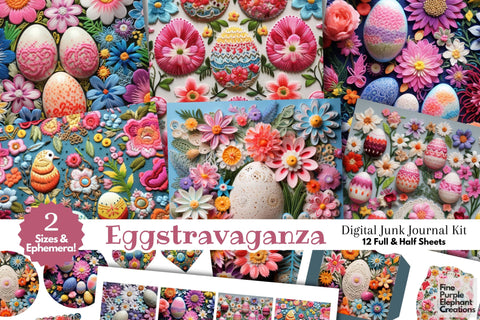 Embroidered Easter Eggs Digital Junk Journal Kit Half Pages | Cute Pastel Spring Digital Pattern Fine Purple Elephant Creations 