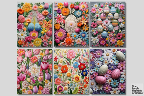 Embroidered Easter Eggs Digital Junk Journal Kit Half Pages | Cute Pastel Spring Digital Pattern Fine Purple Elephant Creations 