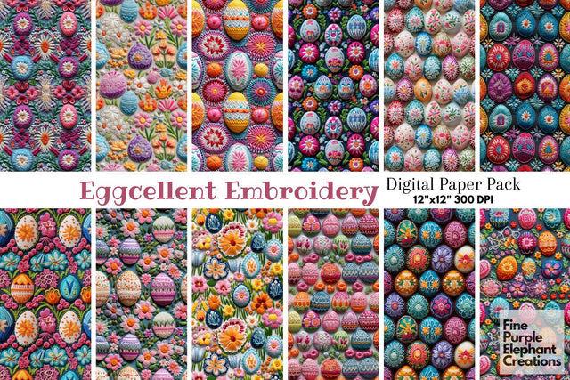 Embroidered Easter Eggs Digital Paper | Spring Pastel Cottagecore Digital Pattern Fine Purple Elephant Creations 